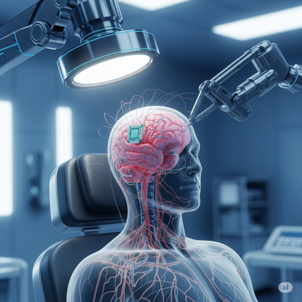 Elon Musk's Neuralink Brain Chip brain chip interface implanted in a human brain, showcasing futuristic BCI technology

