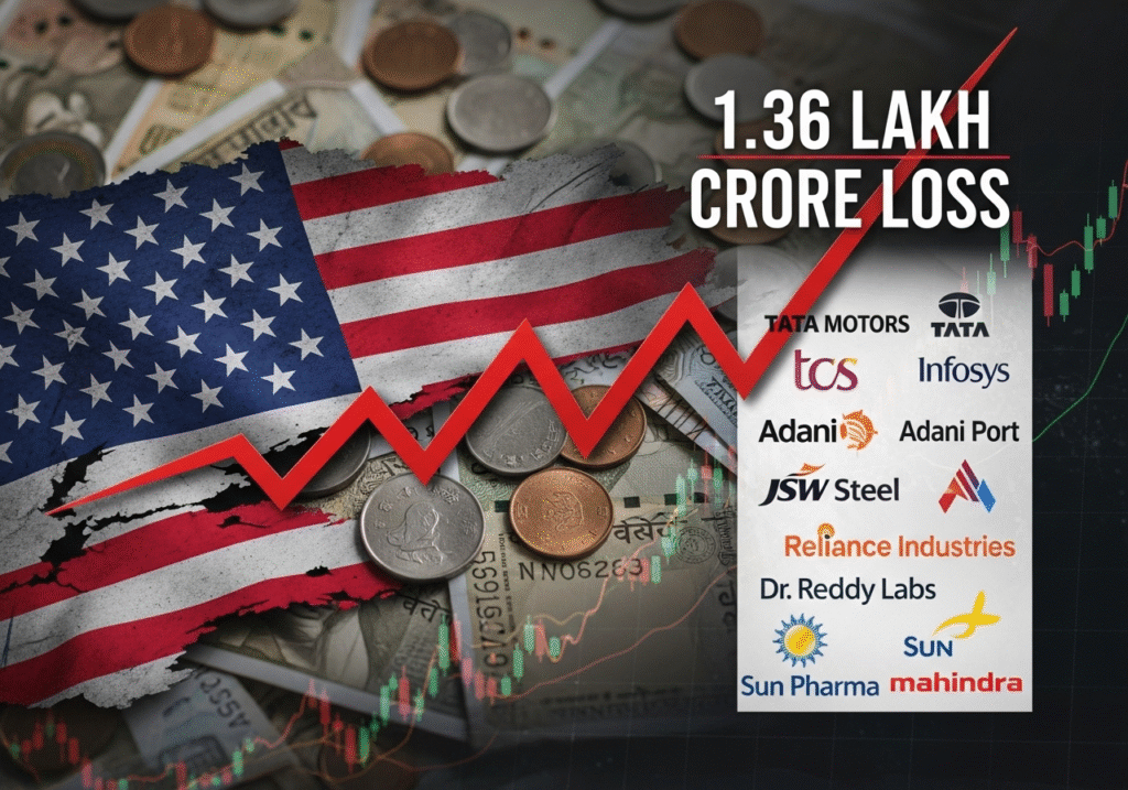 Bar graph showing ₹1.36 lakh crore losses across Indian sectors due to Trump tariffs, including steel, automobiles, pharma, and IT.